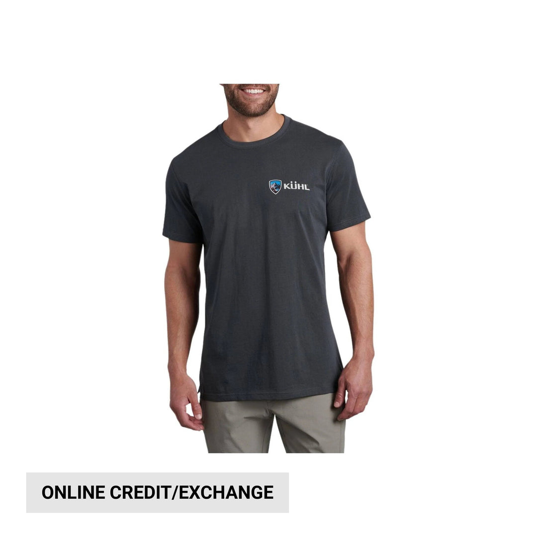 Dark charcoal short-sleeve T-shirt with a small chest logo