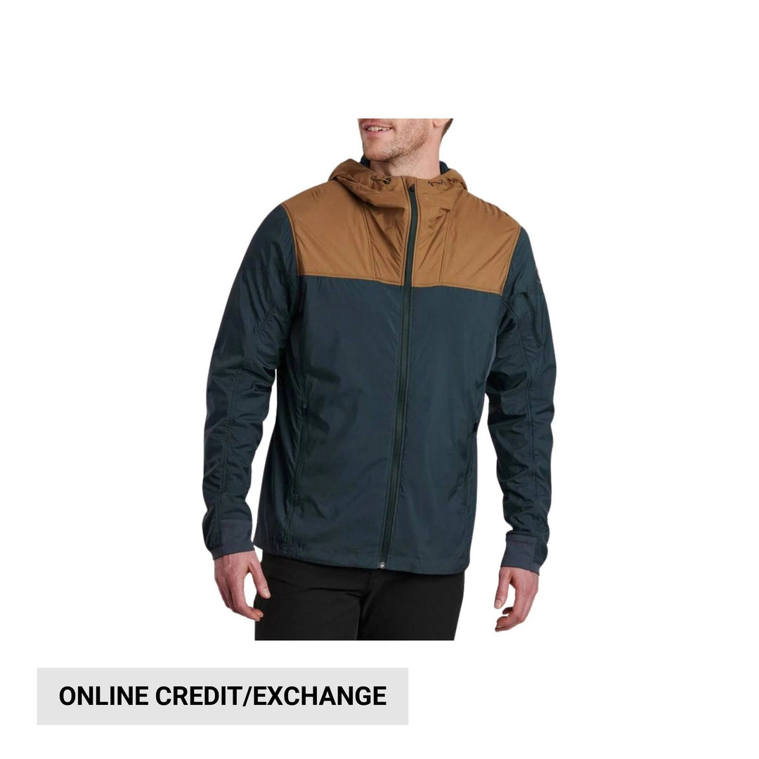 Two-tone hooded zip-front jacket with navy body and tan upper yoke