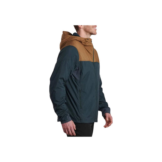 Men's hooded zip-up jacket in dark navy and tan with a high collar and side pocket zipper
