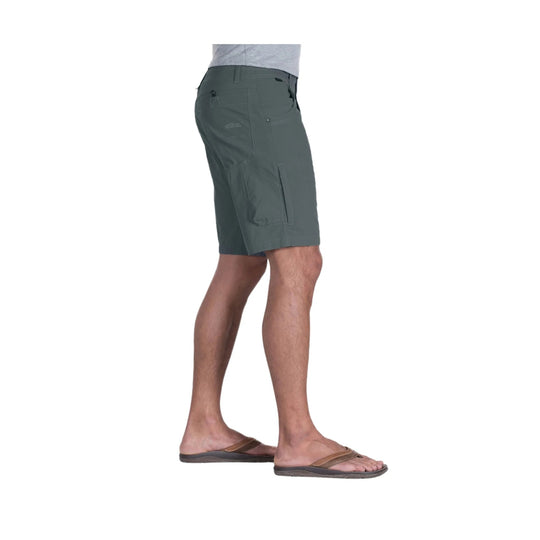 Gray cargo shorts shown on a male model in side view