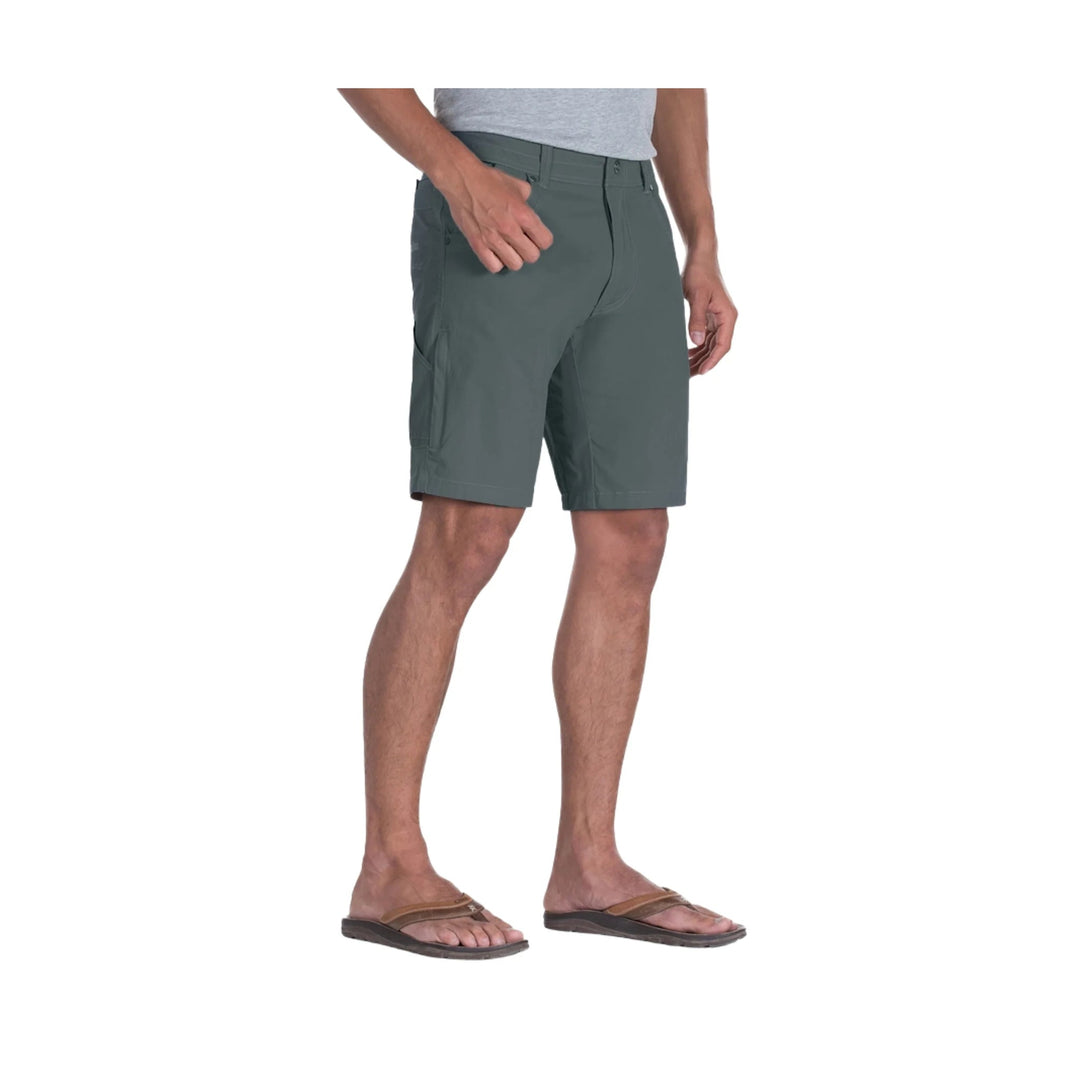 Gray-green cargo shorts with belt loops, side pocket, and knee-length cut