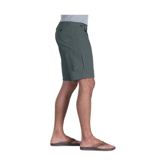 Gray cargo shorts shown in side view with front and back pockets and a small logo on the pocket