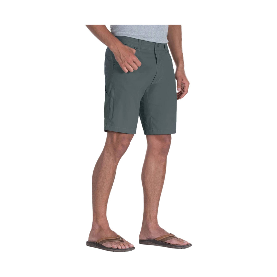 Dark gray men’s shorts with zip fly, side cargo pocket, and above-knee length