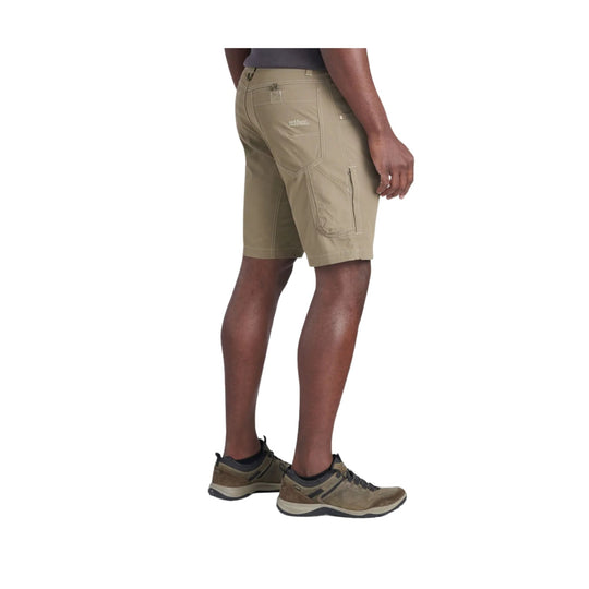 Khaki cargo shorts shown on a model in side view with zip pocket and visible Kuhl logo