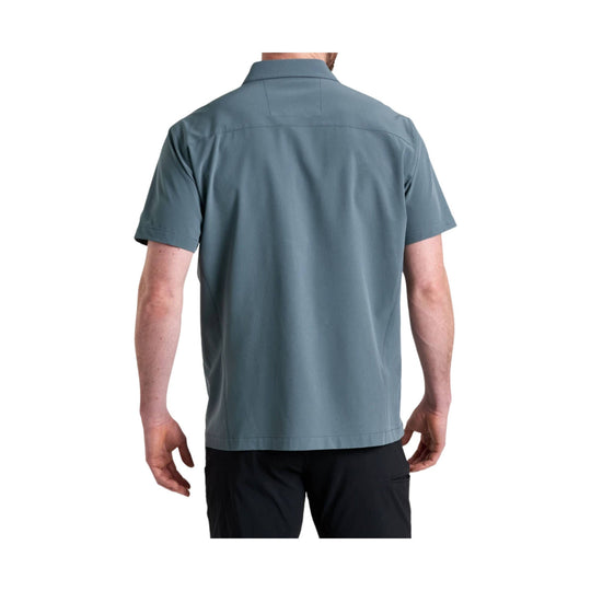Blue-gray short-sleeve button-up shirt shown from the back