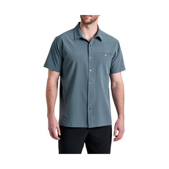 Slate blue-gray short-sleeve button-up shirt with chest pocket