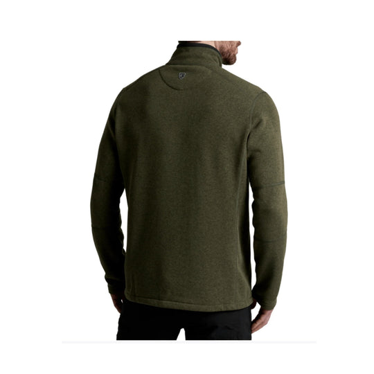 Dark olive quarter-zip pullover sweater shown from the back, with a stand collar and long sleeves