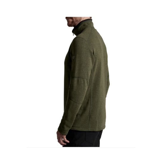 Olive quarter-zip pullover sweater shown in side profile