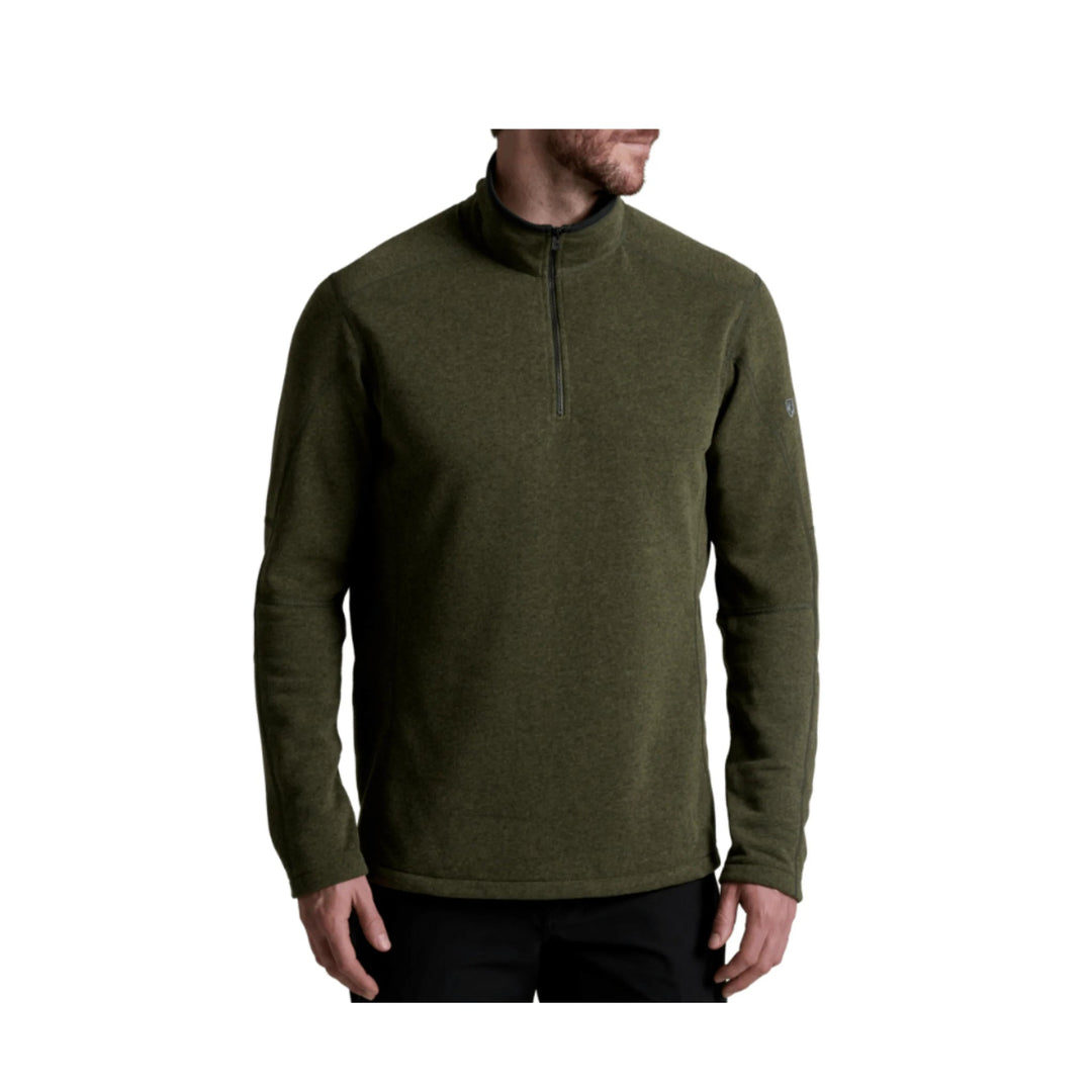 Olive green quarter-zip pullover sweater with long sleeves