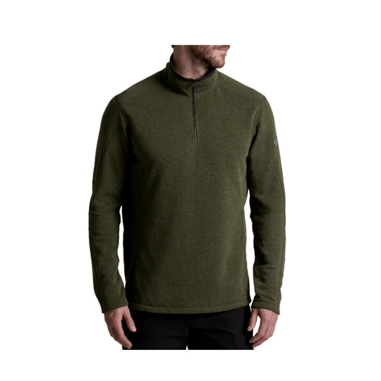 Olive green quarter-zip pullover sweater with long sleeves