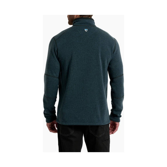 Dark teal quarter-zip pullover sweater shown from the back