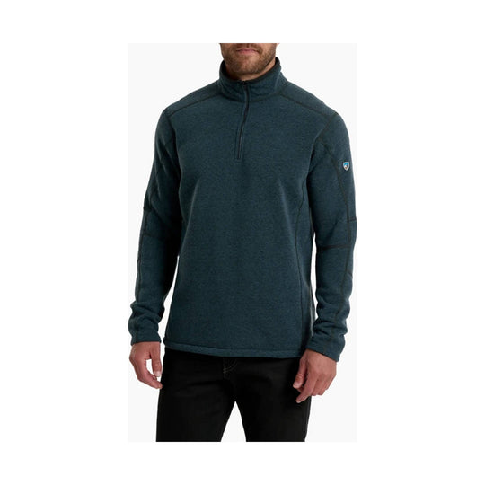 Dark teal quarter-zip pullover with a stand collar and long sleeves
