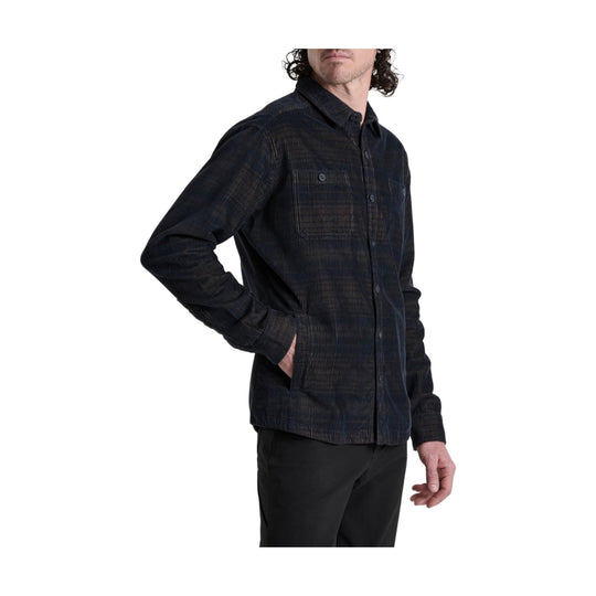 Black long-sleeve button-up shirt jacket with chest pockets and hand pockets