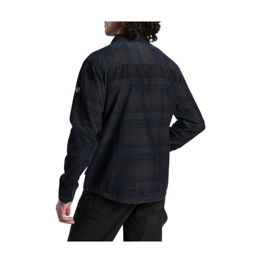 Dark long-sleeve button-front shirt jacket shown from the back