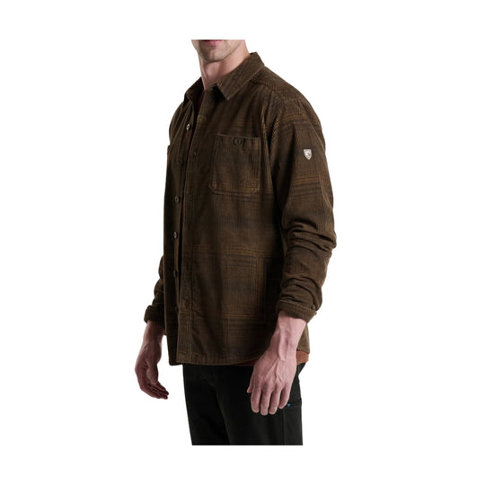 Brown long-sleeve corduroy button-up shirt with chest pocket and collar, shown on a male model