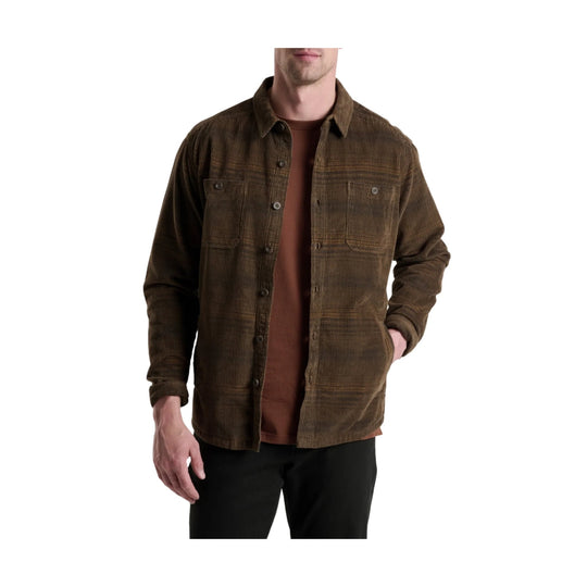 Brown corduroy button-up shirt jacket with chest pockets, layered over a rust T-shirt