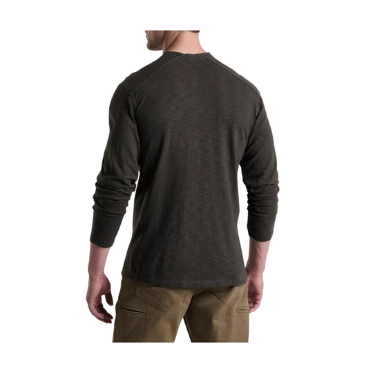 Dark long-sleeve henley shirt shown from the back on a male model