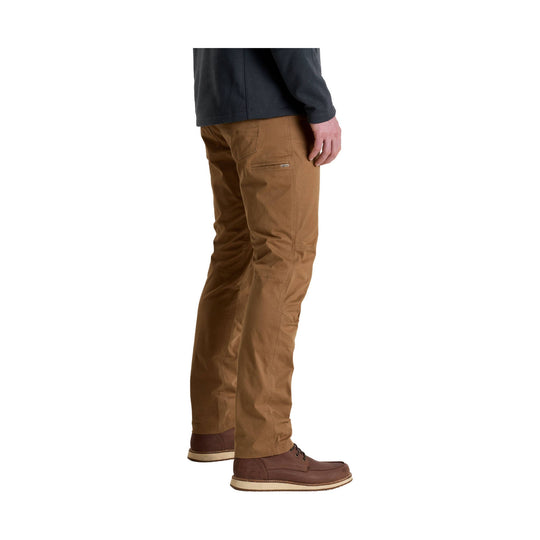 Brown men’s pants shown in side view with straight-leg fit and zipper pocket