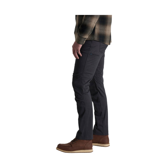 Dark gray straight-leg pants shown on a model with brown leather shoes