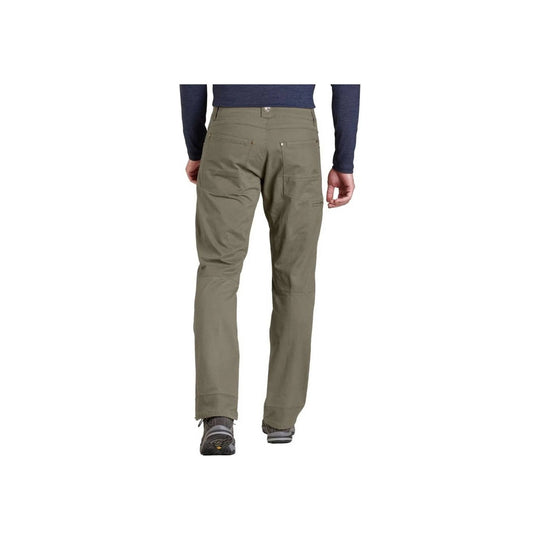 Olive hiking pants shown from the back with belt loops, rear pockets, and tapered legs