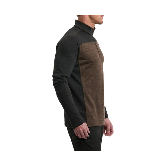 Men's long-sleeve quarter-zip pullover with dark charcoal sleeves and a brown front panel, shown in side profile