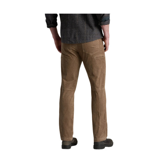 Back view of brown corduroy pants with rear pockets and straight legs