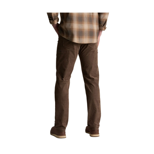 Brown corduroy pants shown from the back with five-pocket styling and straight legs