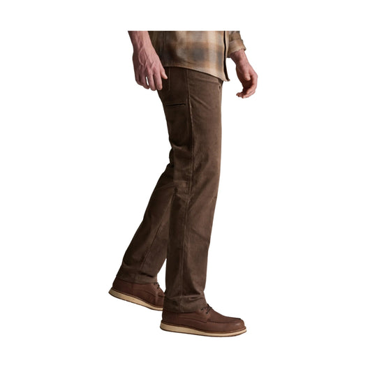 Brown corduroy straight-leg pants with side zip pocket, worn with brown leather shoes