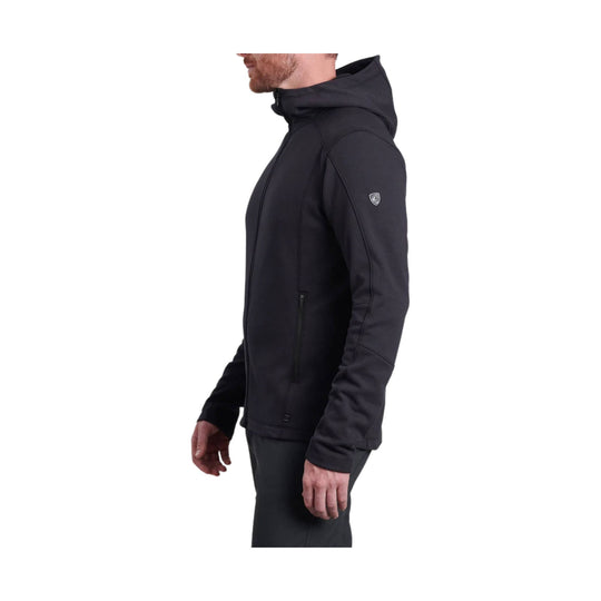 Black zip-front hooded jacket shown in side view