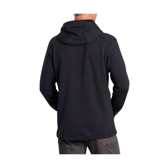 Black hooded pullover with long sleeves and a straight hem, shown from the back