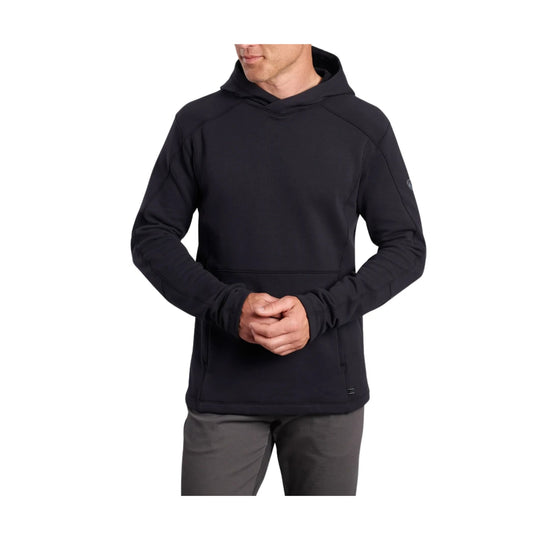 Black pullover hoodie with a kangaroo pocket and raglan sleeves