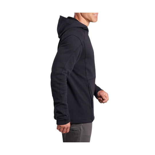 Black pullover hoodie shown in side view with hood and front pocket