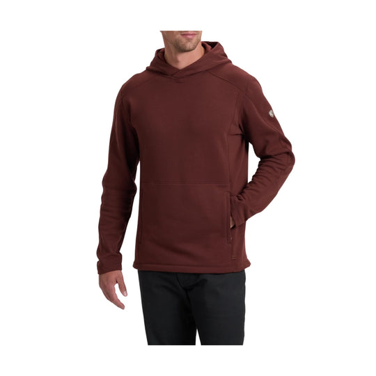 Rust-colored pullover hoodie with kangaroo pocket and long sleeves