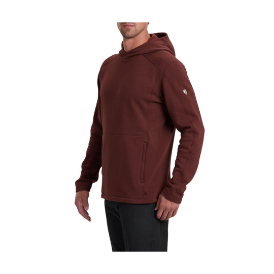 Brown hooded pullover sweatshirt with a front zip pocket and sleeve logo patch
