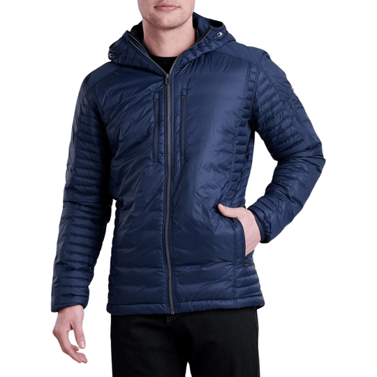 Navy quilted hooded puffer jacket with front zipper, zip chest pockets, and side hand pocket