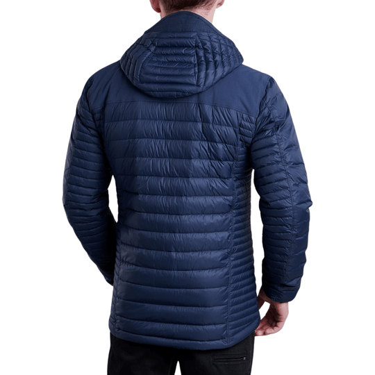 Navy hooded quilted puffer jacket shown from the back