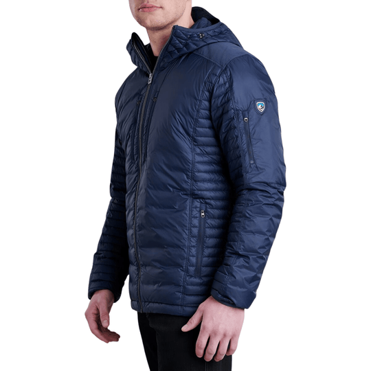 Navy quilted hooded puffer jacket with front zipper and zippered sleeve pocket