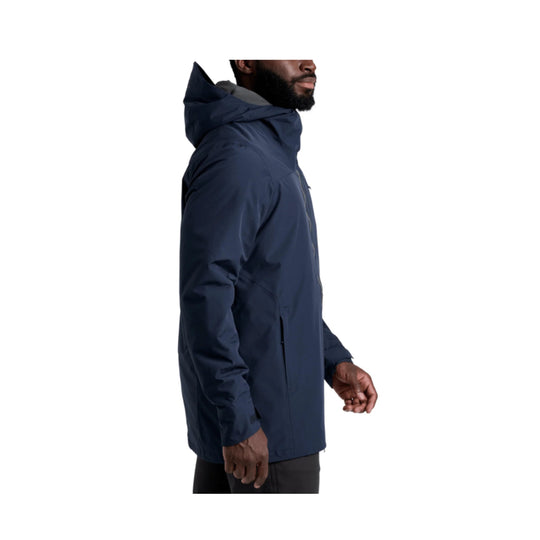 Navy hooded insulated jacket shown in side view