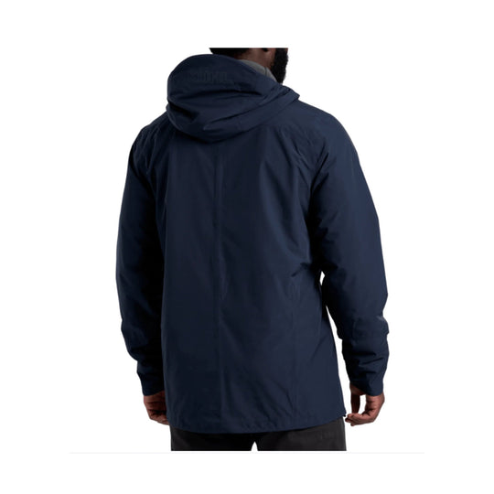 Navy hooded insulated jacket shown from the back
