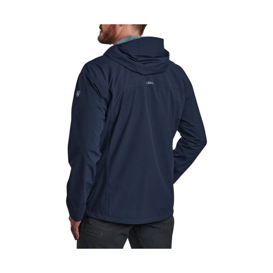 Navy hooded jacket shown from the back with a small KÜHL logo on the upper back