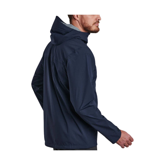 Navy hooded waterproof jacket shown in side profile
