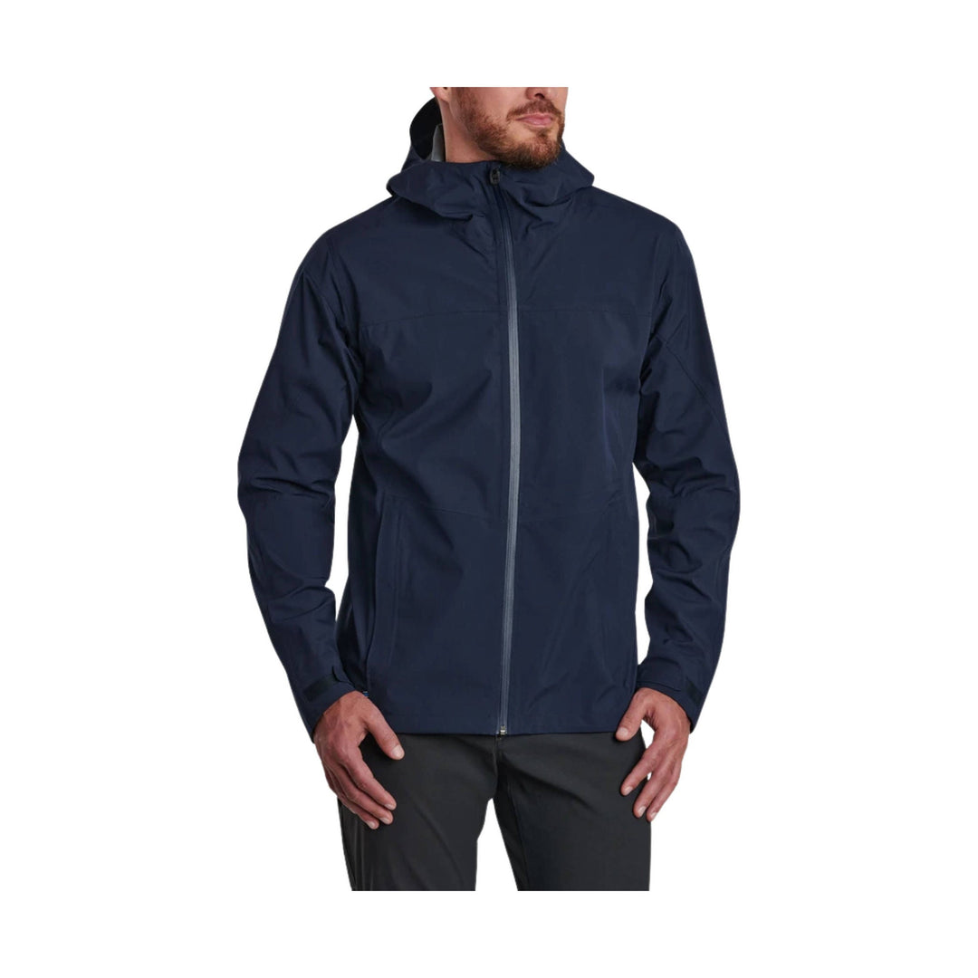 Navy hooded zip-front jacket with long sleeves and front pockets