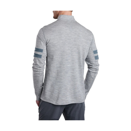 Light gray long-sleeve quarter-zip pullover with striped forearm accents, shown from the back