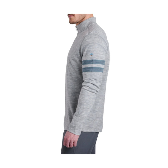 Gray long-sleeve quarter-zip pullover with striped sleeve detail, shown in side view