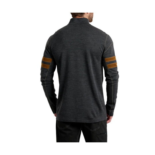 Dark charcoal long-sleeve quarter-zip pullover with tan sleeve stripes, back view