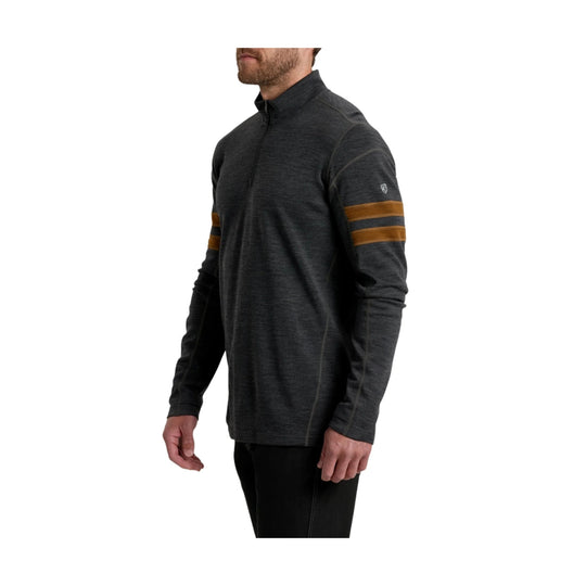 Dark gray quarter-zip pullover with orange double stripes on the sleeves