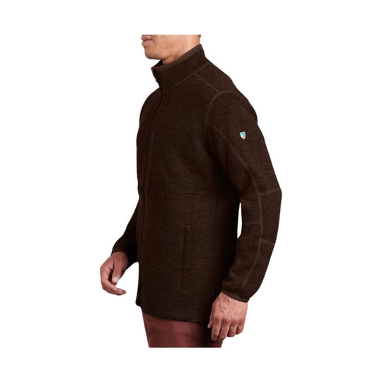 Brown zip-up mock neck fleece jacket shown in side view