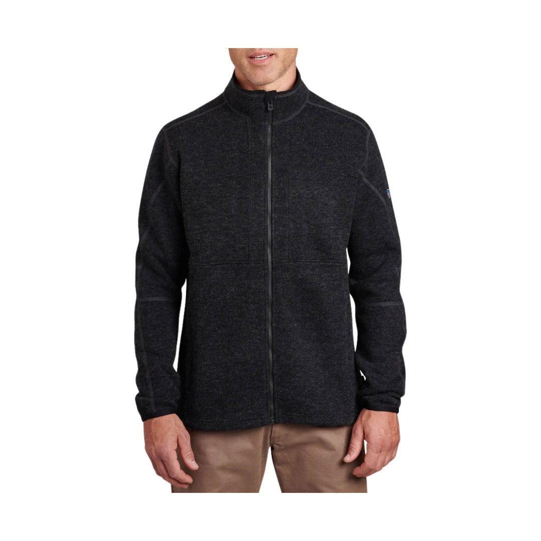 Dark charcoal zip-up fleece jacket with a stand collar and long sleeves, shown front view