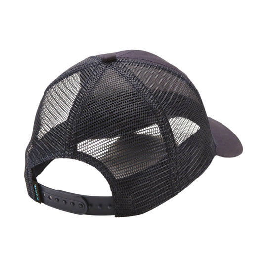 Black mesh trucker hat with curved brim and adjustable snapback closure