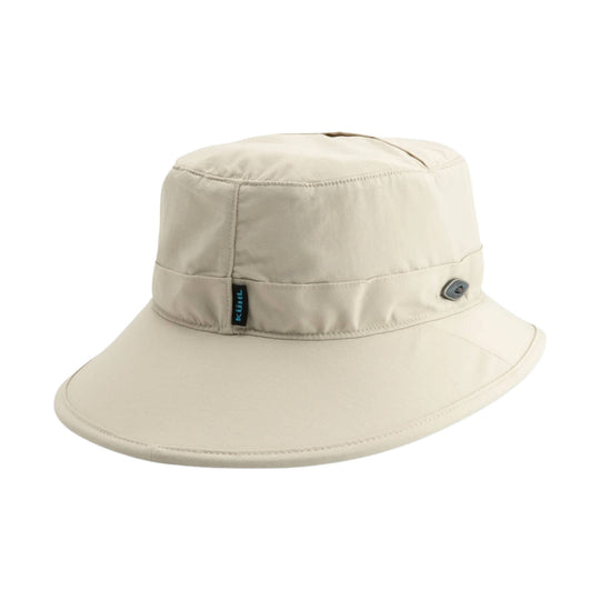 Beige wide-brim sun hat with a short crown, side vents, and a small logo tag